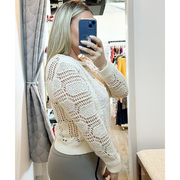 Free People Cotton Crochet Long Sleeve Crewneck Sweater Ivory Large - Picture 2 of 10